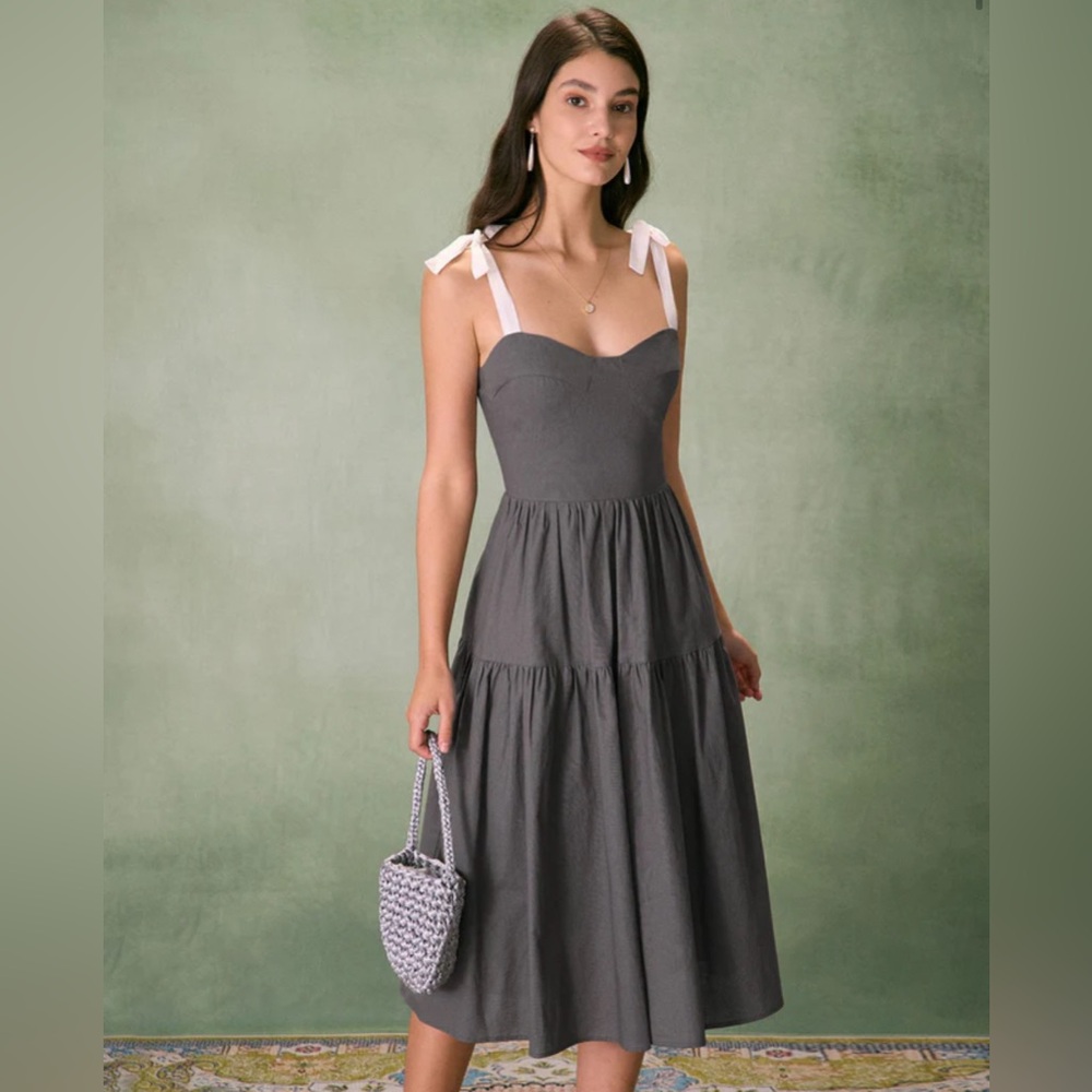 NWT RIHOAS The Grey Tiered Cotton Linen Midi Dress Sz XL